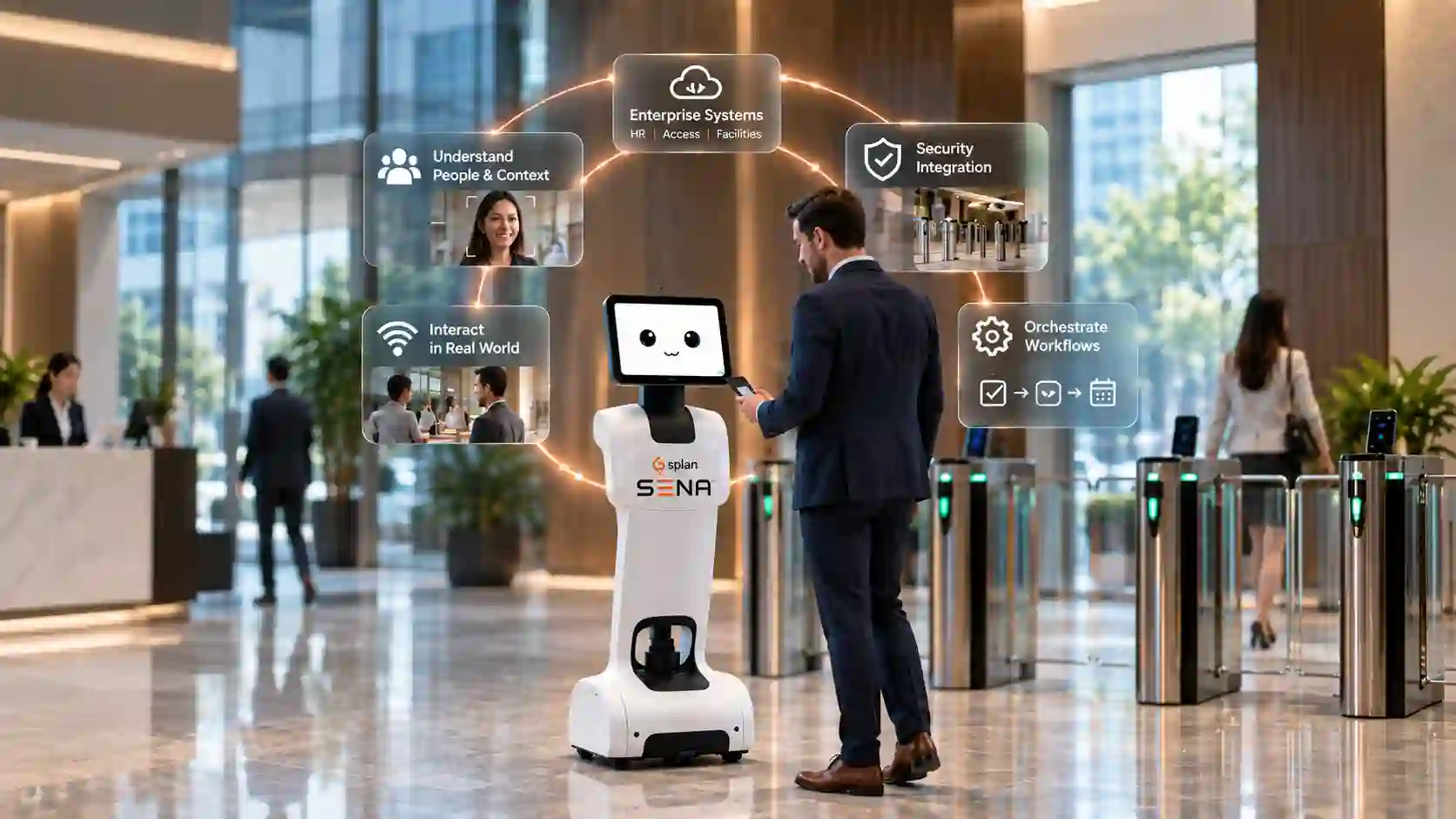 SENA connecting people, enterprise systems, security integration, and workflows in a corporate lobby