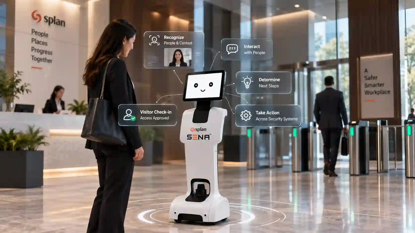 SENA robot greeting a visitor in a corporate lobby