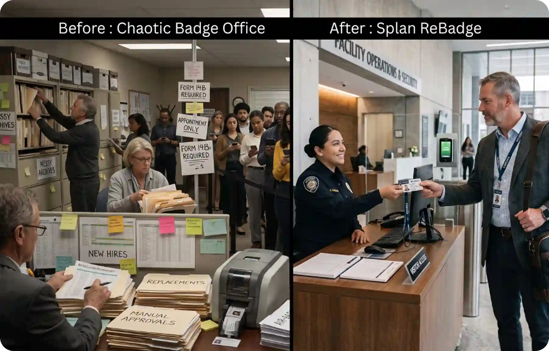 Before and after comparison: chaotic manual badge office versus streamlined Splan ReBadge desk