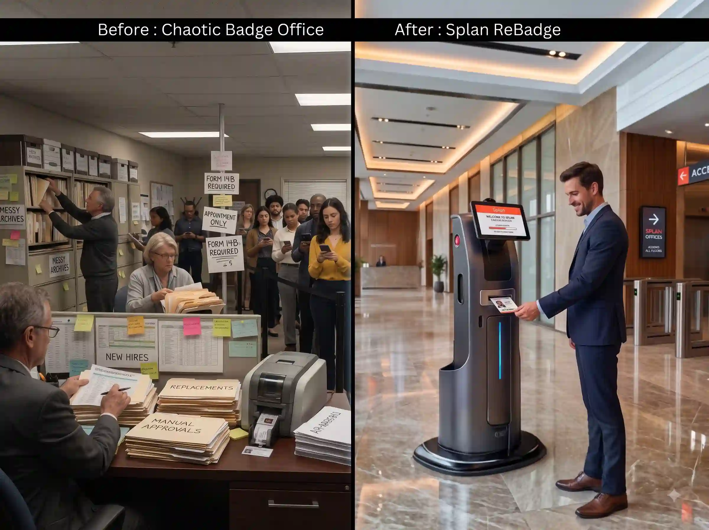 Before and after comparison: chaotic manual badge office versus streamlined Splan ReBadge desk