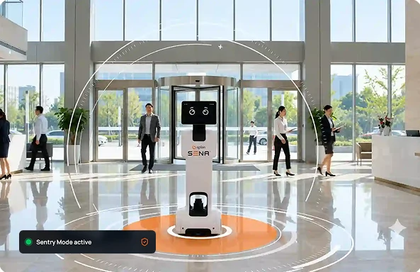 SENA operating in Sentry Mode, monitoring activity in a corporate lobby