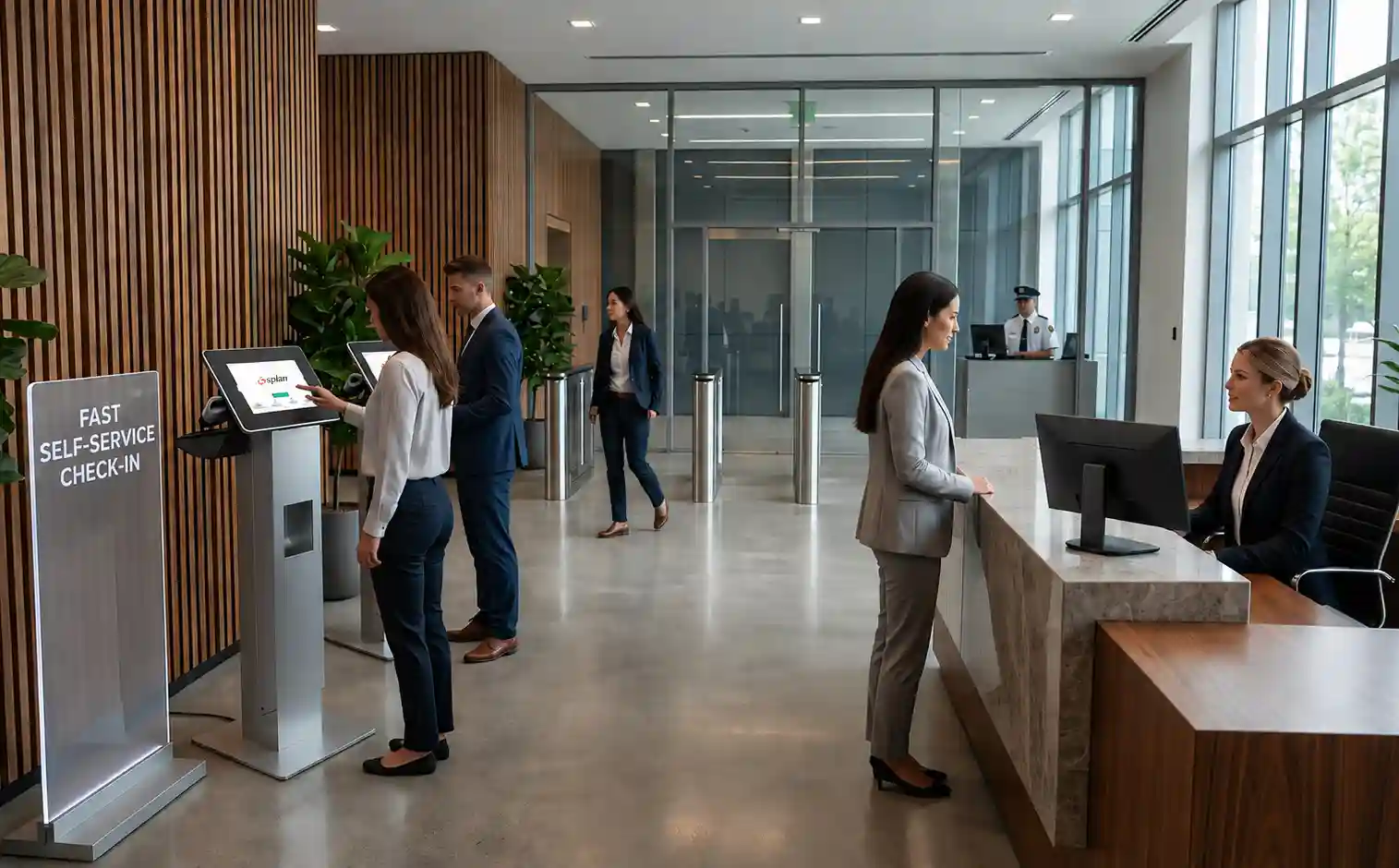 AI-driven identity verification and check-in process with self-service kiosks, predictive scheduling, and smart automation